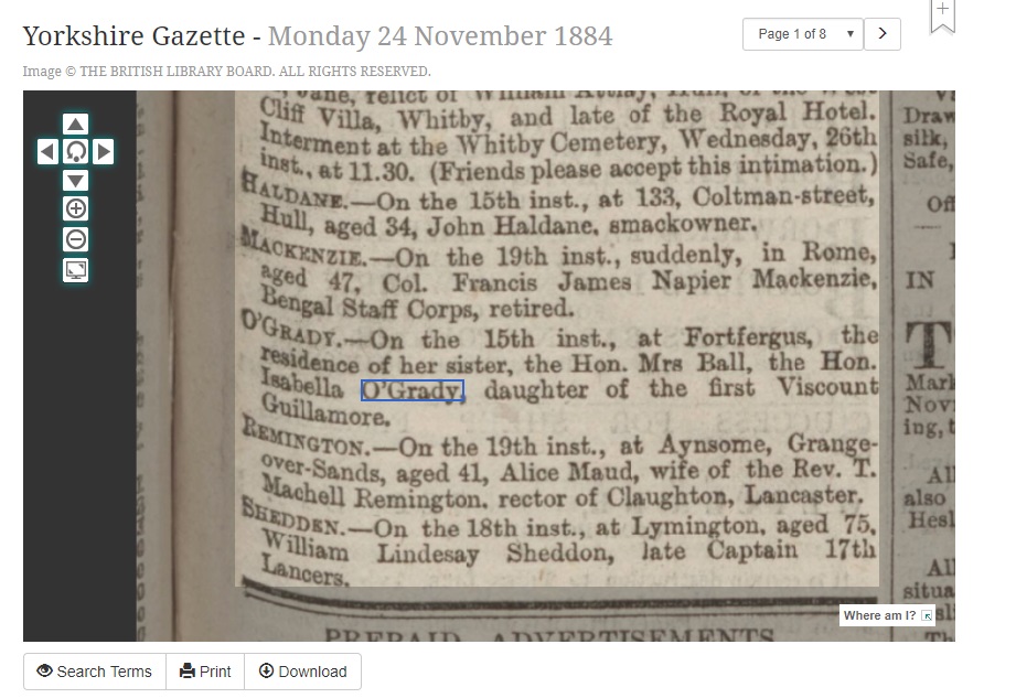 Isabella OGrady 1884 Fortfergus - Yorkshire Gazette, November 15, 1884, Linked To: <a href='i116.html' >Julia O’Grady</a> and <a href='i111.html' >Isabella O’Grady</a> and <a href='i101.html' >Standish O’Grady 1st Viscount Guillamore ~</a>